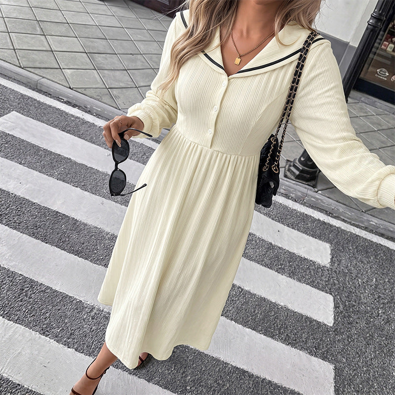 Women’s midi dress with sailor collar, gathered waist and button placket Mune Fashion