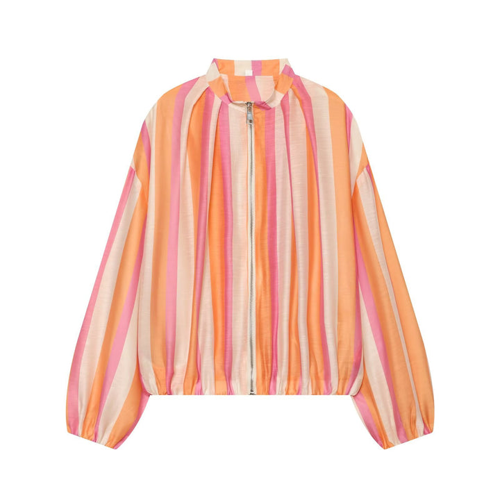 Women's Lightweight Striped Satin Bomber Jacket with Stand Collar and Balloon Sleeves Mune Fashion
