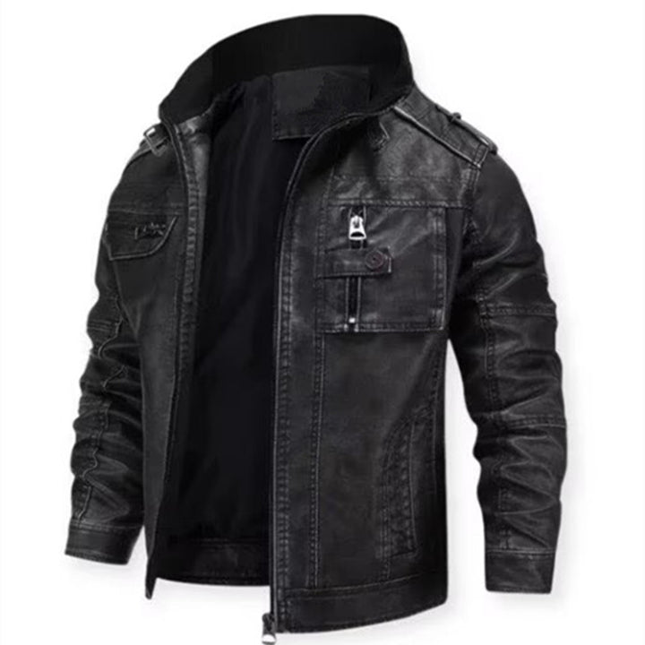 Men's vintage-inspired biker jacket in leather look with utility pockets and stand-up collar Mune Fashion