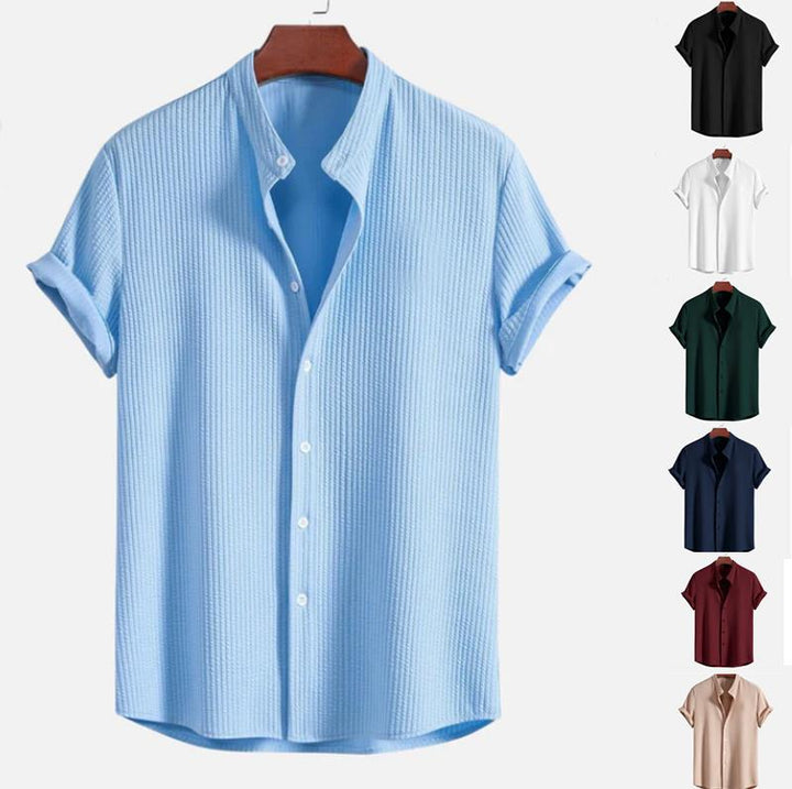 Men's Short Sleeve Structured Shirt with Stand Collar and Rolled-Up Sleeves Mune Fashion