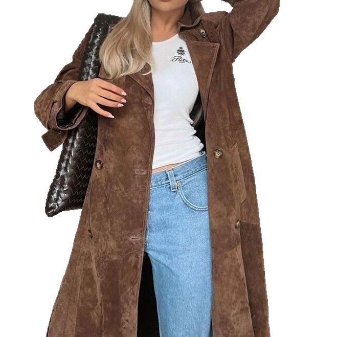 Women's Long Suede Jacket in a Minimalist Trench Look with Soft Lapels Mune Fashion