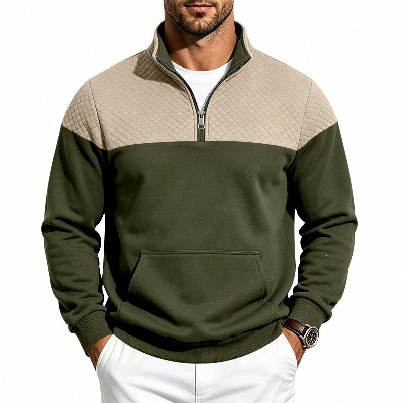 Men's Stand Collar Sweatshirt with Half Zip, Quilted Shoulder Yoke and Kangaroo Pocket Mune Fashion