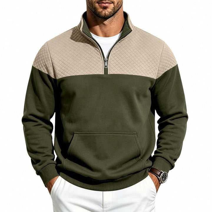 Men's Stand Collar Sweatshirt with Half Zip, Quilted Shoulder Yoke and Kangaroo Pocket Mune Fashion