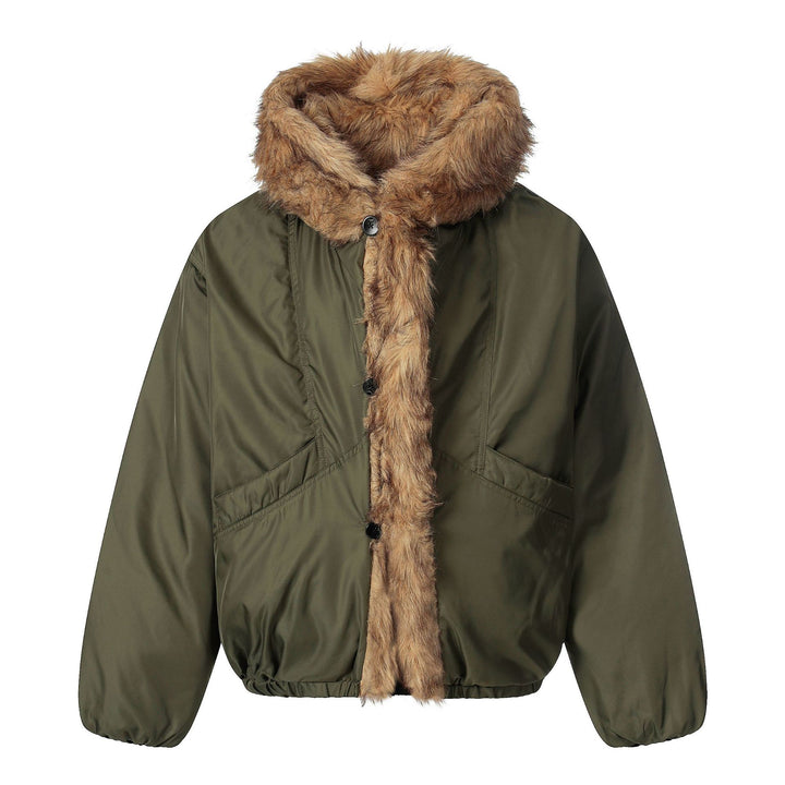 Ladies short jacket with faux fur trimmed hood and braided fur trim Mune Fashion