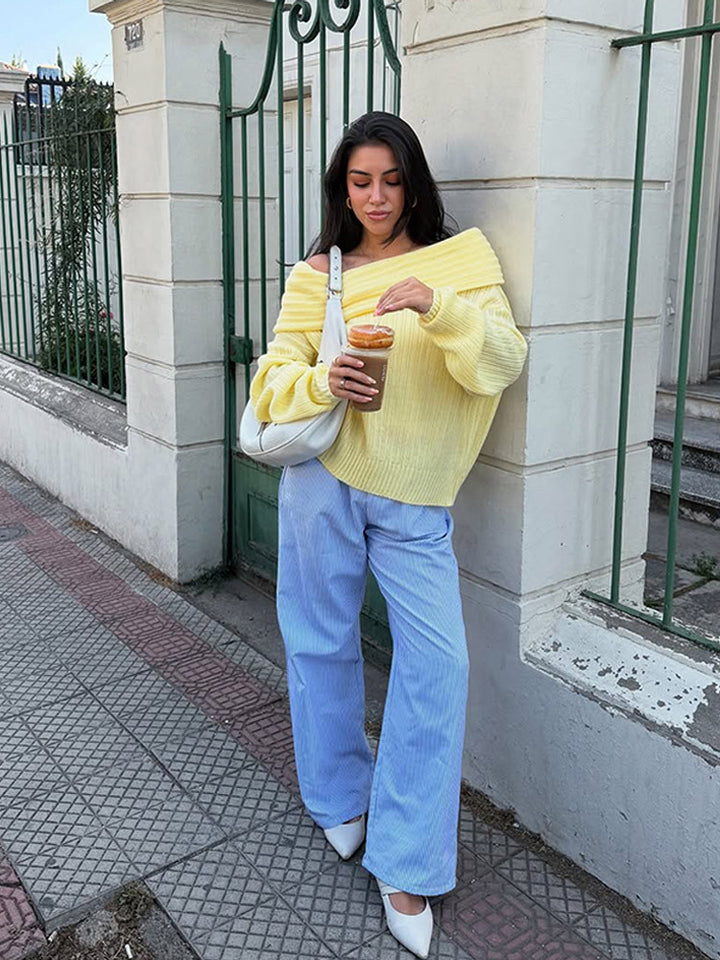 Women Off-Shoulder Ribbed Knit Sweater with Wide Folded Collar Mune Fashion