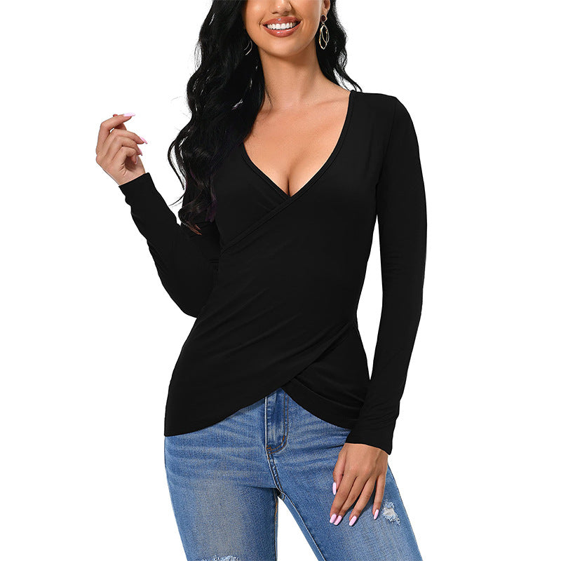 Women's form-fitting wrap shirt with deep V-neckline and overlapping hem Mune Fashion