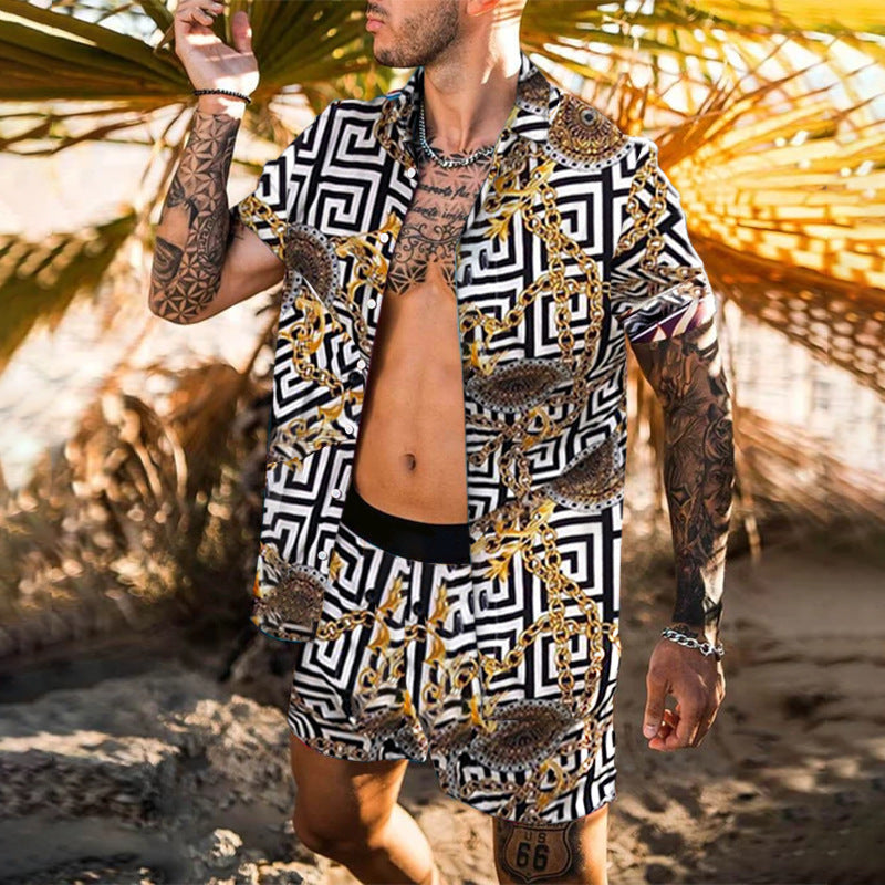Men's short-sleeved shirt with baroque pattern and matching loose-fitting shorts Mune Fashion