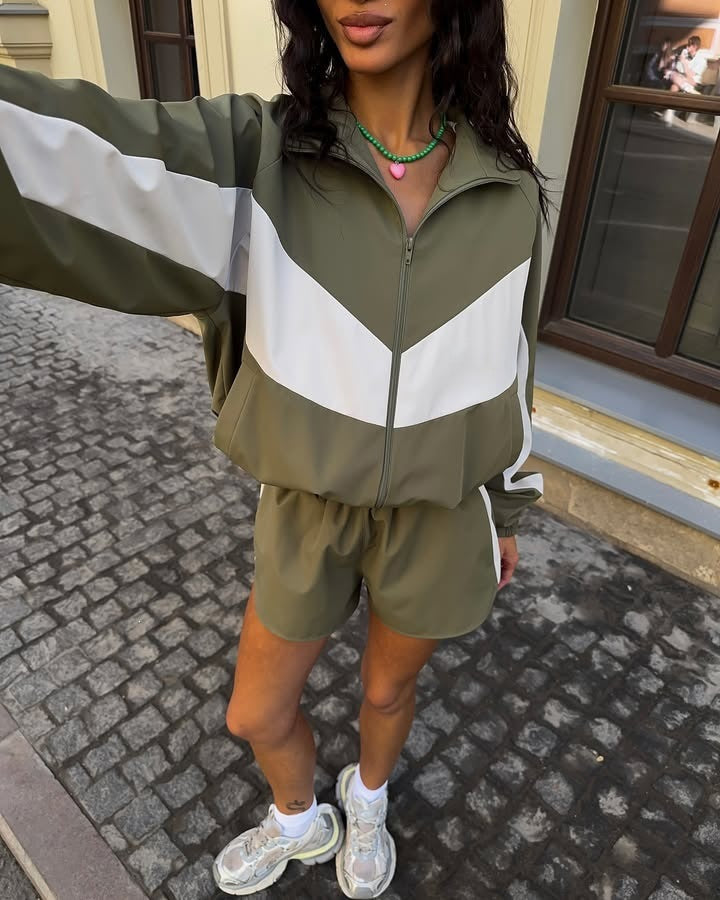 Women's casual athleisure set with windproof short jacket, stand-up collar and elastic high-waist shorts Mune Fashion