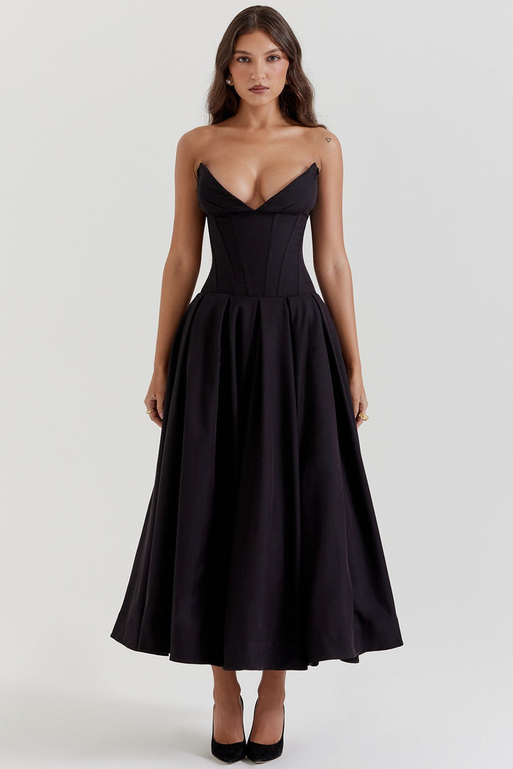 Women's strapless corset midi dress with pre-shaped bodice construction and flared circle skirt Mune Fashion