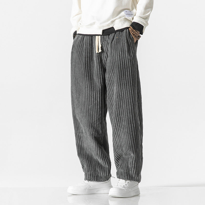 Men's Loose-Fit Corduroy Balloon Pants with Drawstring and Wide Rib Relief Mune Fashion