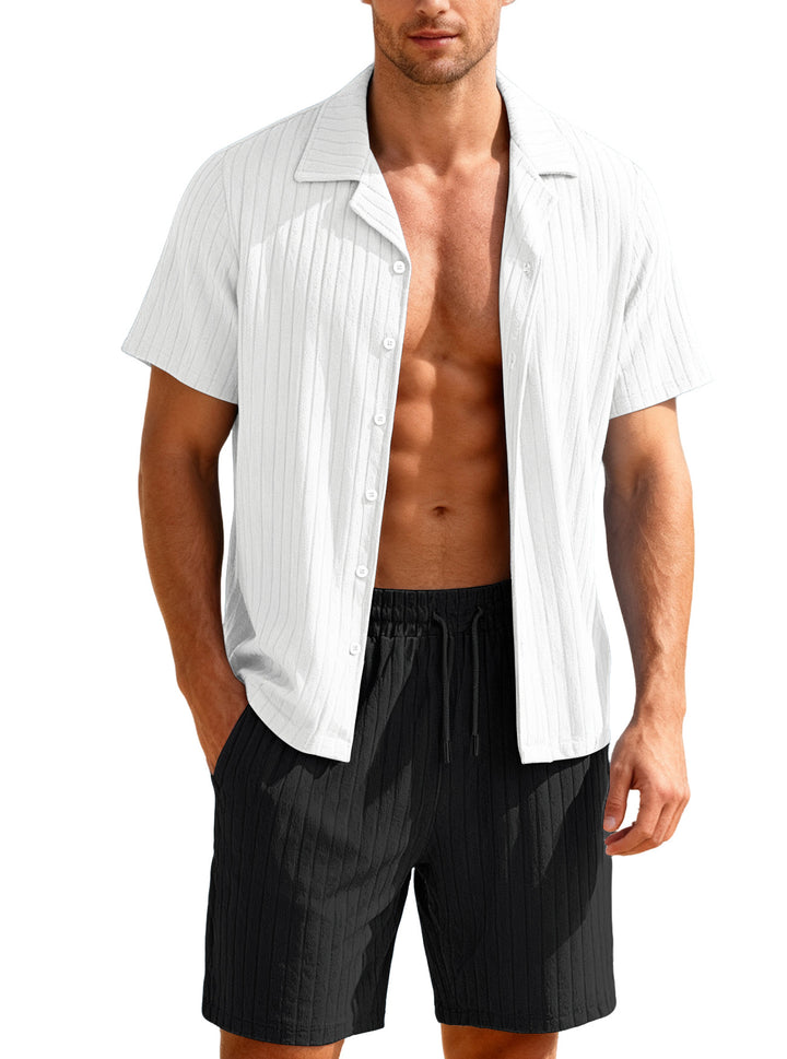 Men's ribbed fine knit lounge set with short sleeve lapel shirt and drawstring shorts Mune Fashion