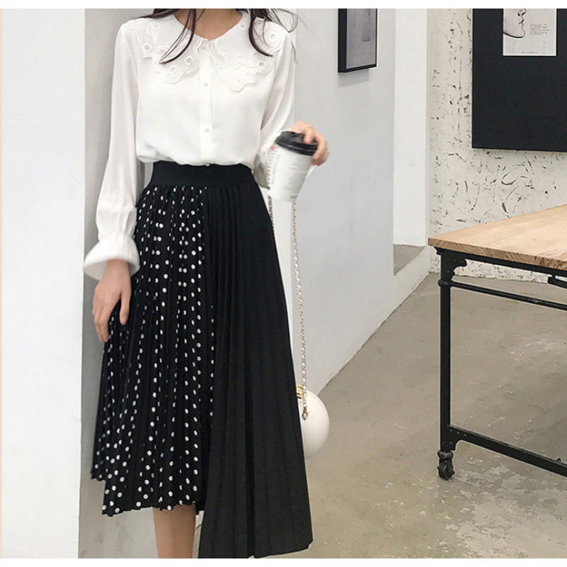 Women Asymmetric Pleated Midi Skirt with Polka Dot Panel and Elastic Waistband Mune Fashion