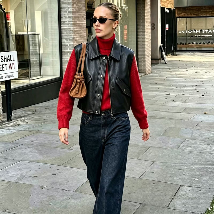 Women's Cropped Utility Vest in Leather Look with Collar, Ring Zipper, and Attached Flap Pockets Mune Fashion