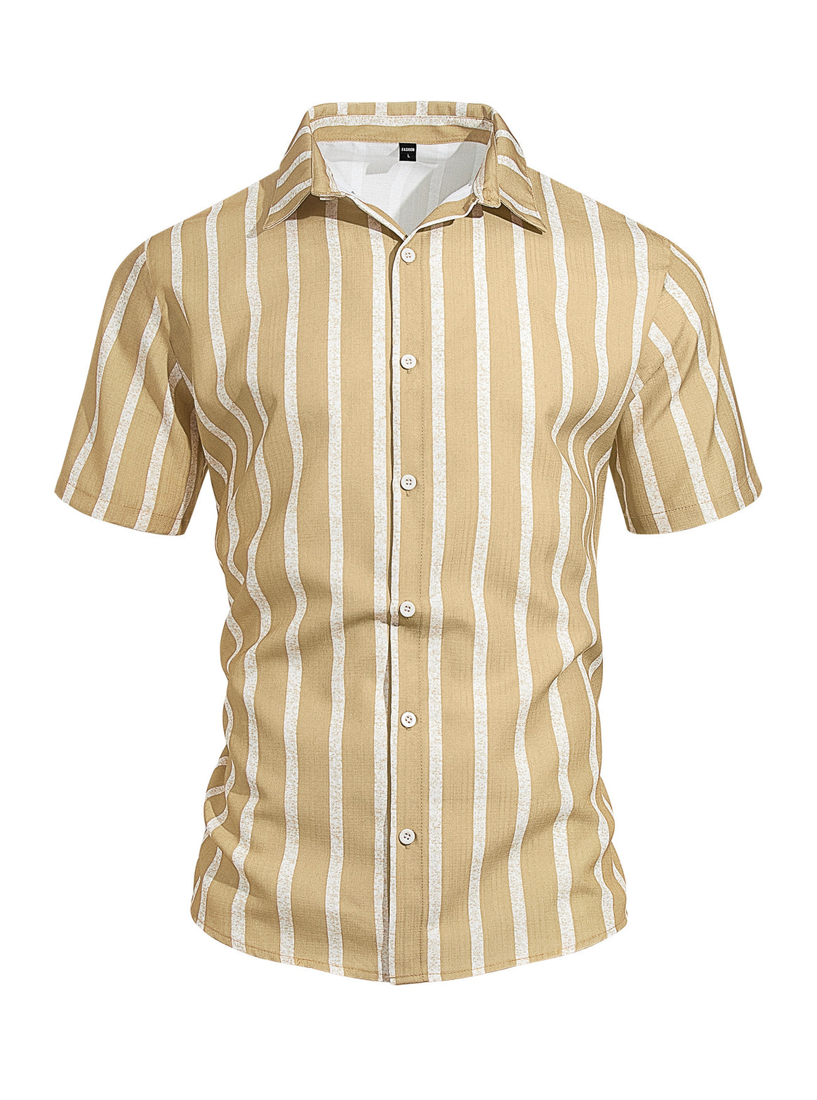 Men's casual short sleeve shirt with vertical block stripes, open lapel collar, and lightweight cotton-linen blend Mune Fashion