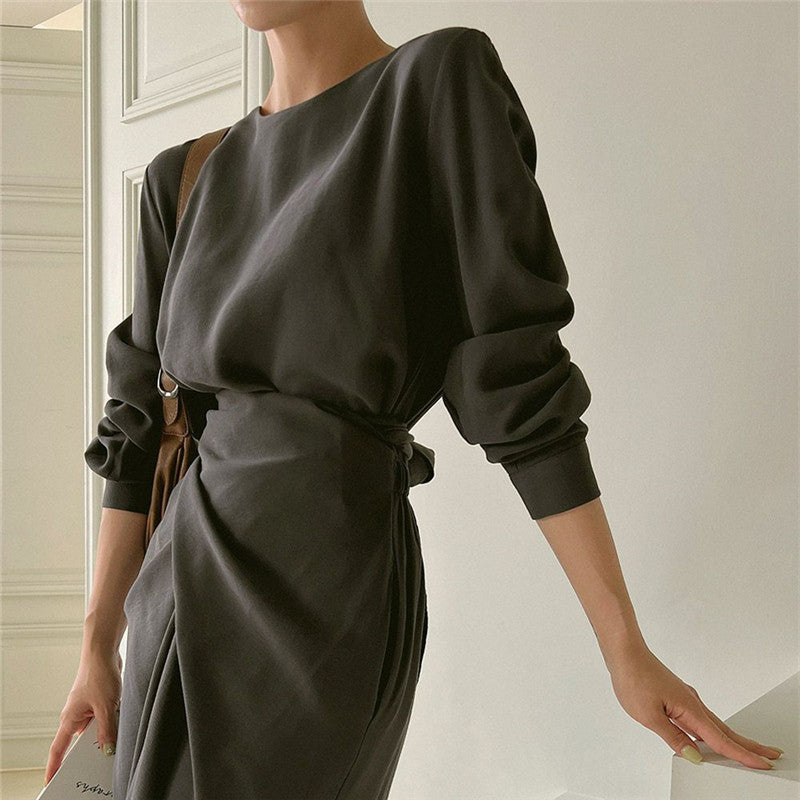 Women’s Modern Long Dress with Overlapping Waistline, Concealed Pockets, and Boxy Silhouette Mune Fashion
