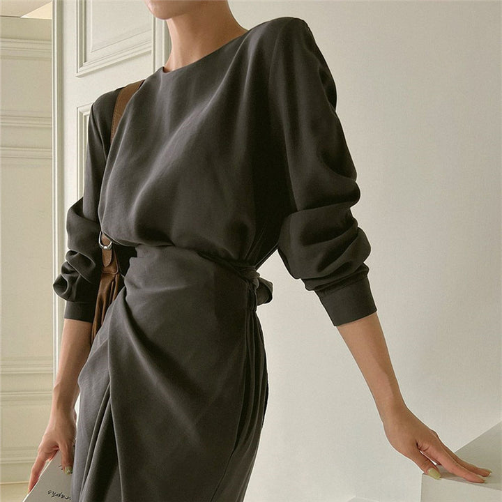 Women’s Modern Long Dress with Overlapping Waistline, Concealed Pockets, and Boxy Silhouette Mune Fashion