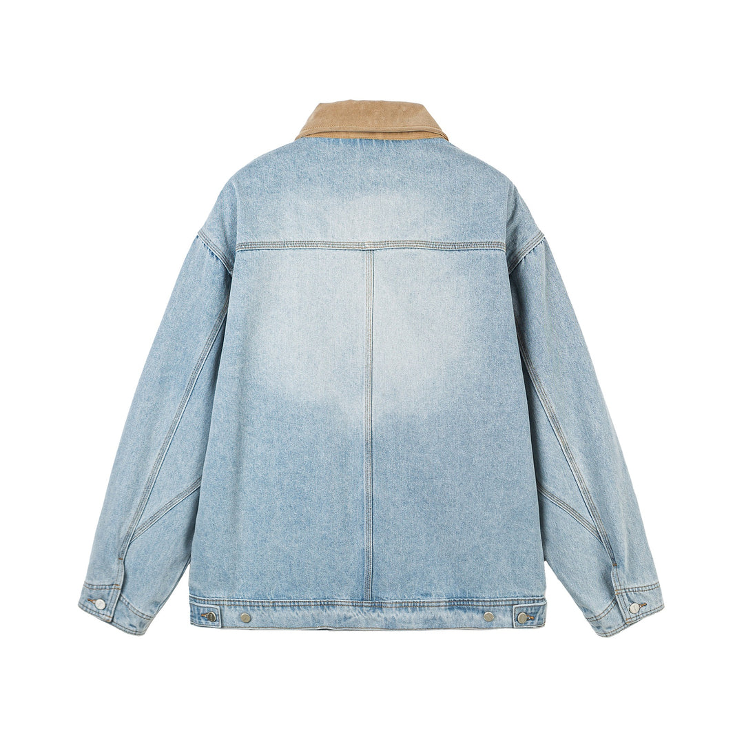 Women's Oversized Denim Jacket with Suede Collar, Concealed Zipper and Distinctive Pockets Mune Fashion