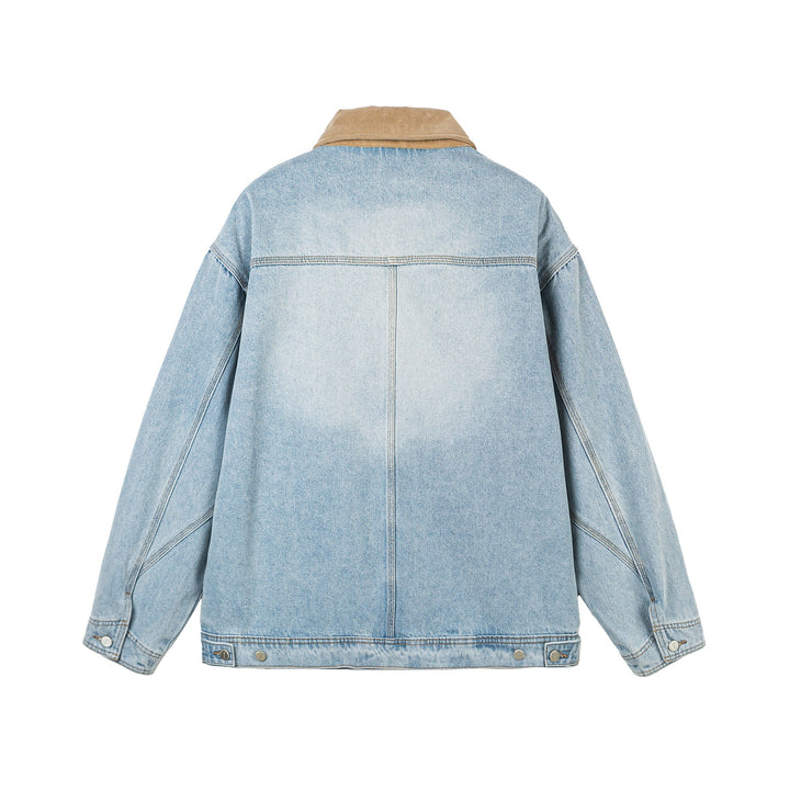 Women's Oversized Denim Jacket with Suede Collar, Concealed Zipper and Distinctive Pockets Mune Fashion