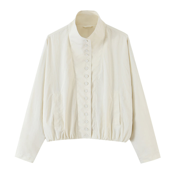 Women's cropped blouson jacket with stand-up collar, continuous decorative button placket and elastic hem.