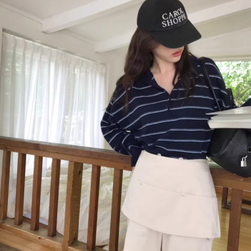 Women Oversized Polo Collar Knit Sweater with Stripes and Half Button Placket Mune Fashion