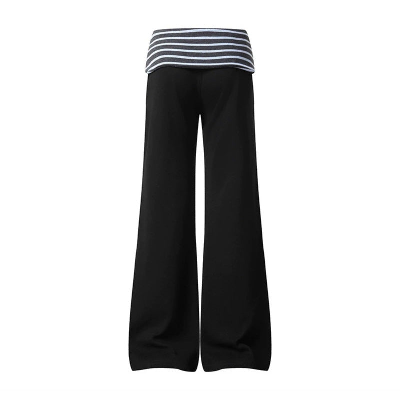 Women's Wide Loungewear Pants with Cuffable Striped Waistband and Decorative Buttons Mune Fashion