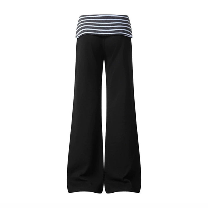 Women's Wide Loungewear Pants with Cuffable Striped Waistband and Decorative Buttons Mune Fashion