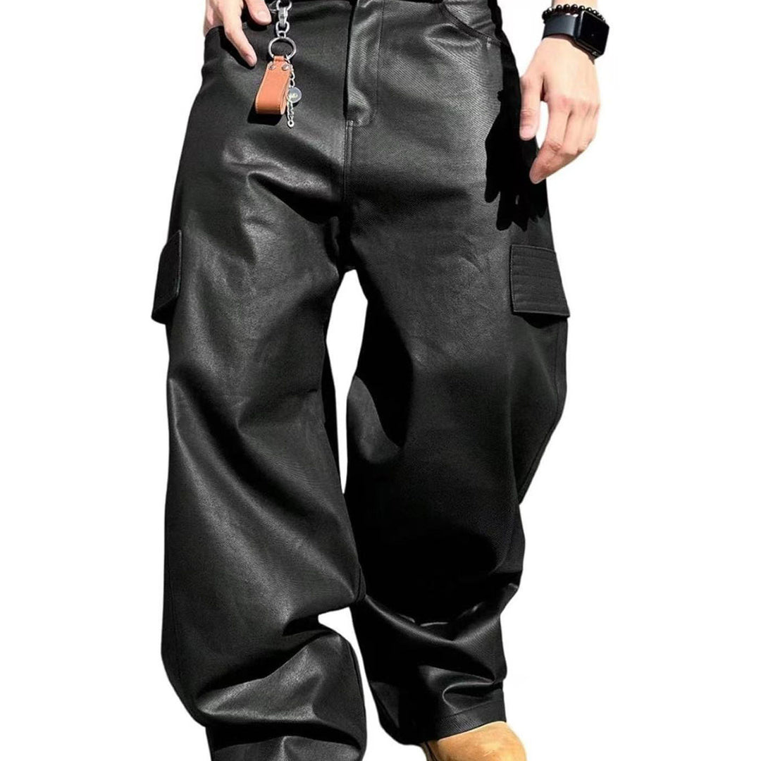 Men's Wide Cut Cargo Pants in Leather Look with Flap Pockets Mune Fashion
