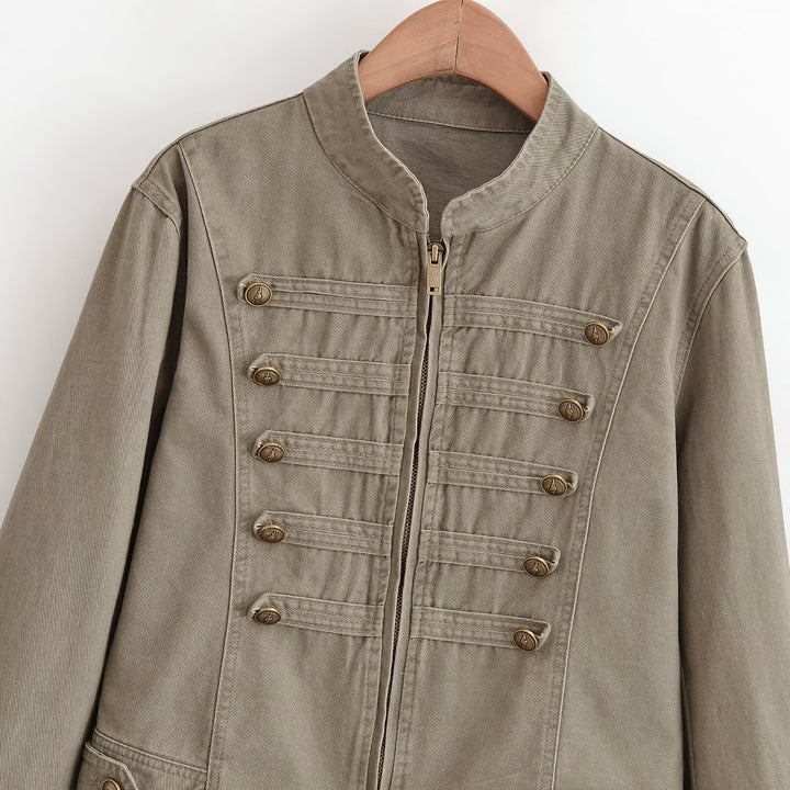 Women's short jacket in army look made of cotton twill with stand-up collar and decorative decorative straps Drune