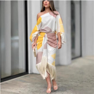 Women's nano asymmetrical draped midi dress with one-sided shoulder, voluminous sleeve cut and fringe hem Mune Fashion