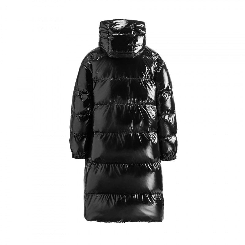 Women's longer shiny quilted puffer coat with hood, utility pockets and oversized silhouette Mune Fashion