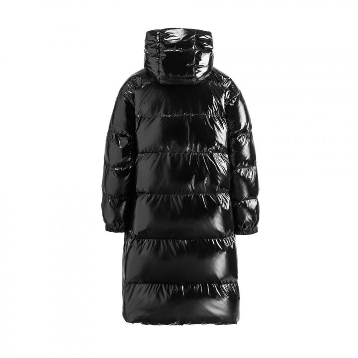 Women's longer shiny quilted puffer coat with hood, utility pockets and oversized silhouette Mune Fashion