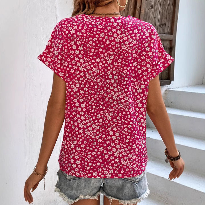Women's lightweight viscose short sleeve blouse with V-neck, heart decorative button placket and casual hip length Mune Fashion