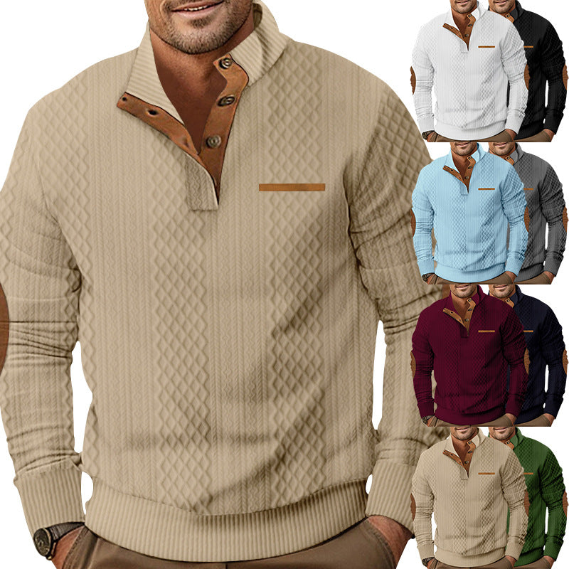 Men's Structured Cable Knit Sweatshirt with Half Button Placket, Faux Leather Patch Pocket & Elbow Patches Mune Fashion