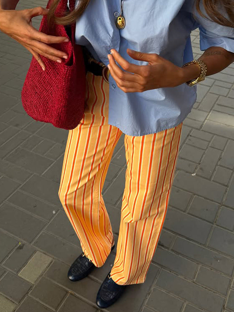 Women Wide Striped Linen Look Pants with High Waist and Straight Leg Mune Fashion
