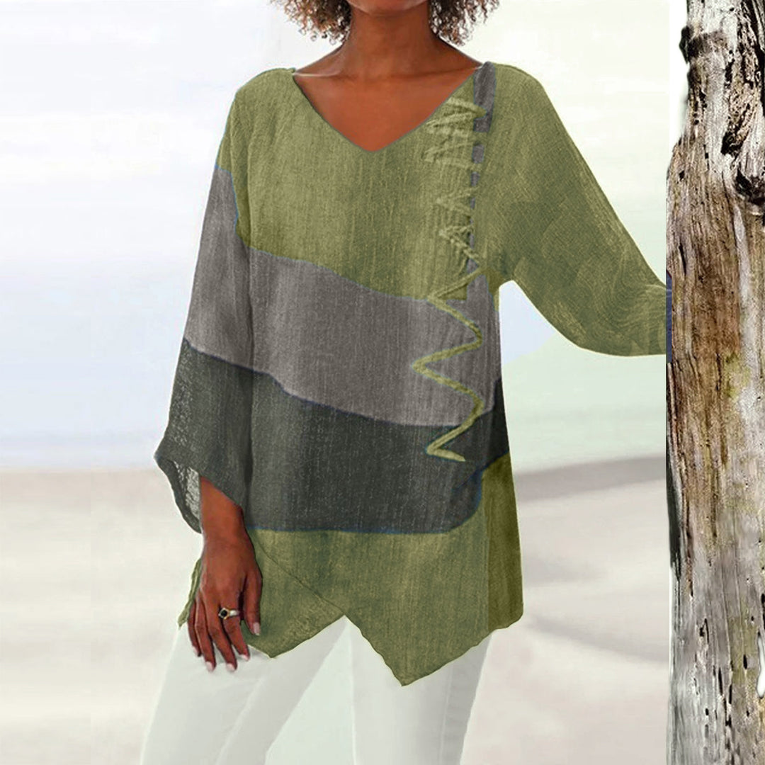 Women Casual A-Line Linen Look Tunic with Color Block Stripes and V-Neck Mune Fashion