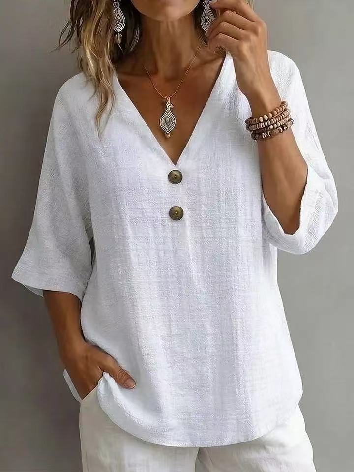 Women's Casual V-Neck Top with Button Details Mune Fashion