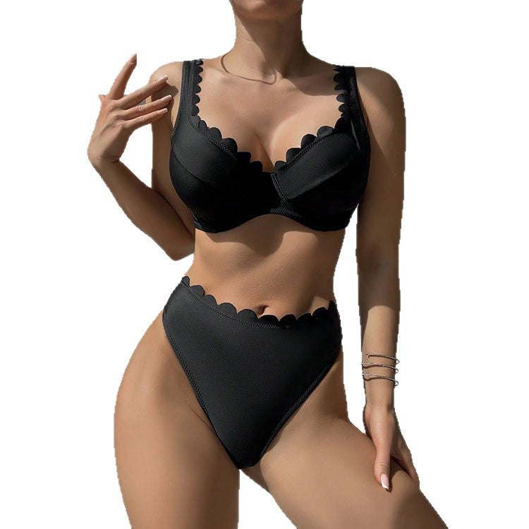 Ladies High-Cut Bikini Set with Decorative Wave Edge Mune Fashion