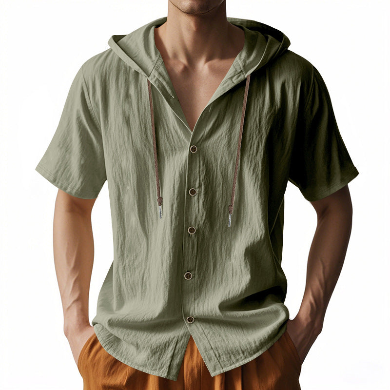 Men's lightweight short-sleeve hooded shirt with button placket and breathable cotton blend Mune Fashion