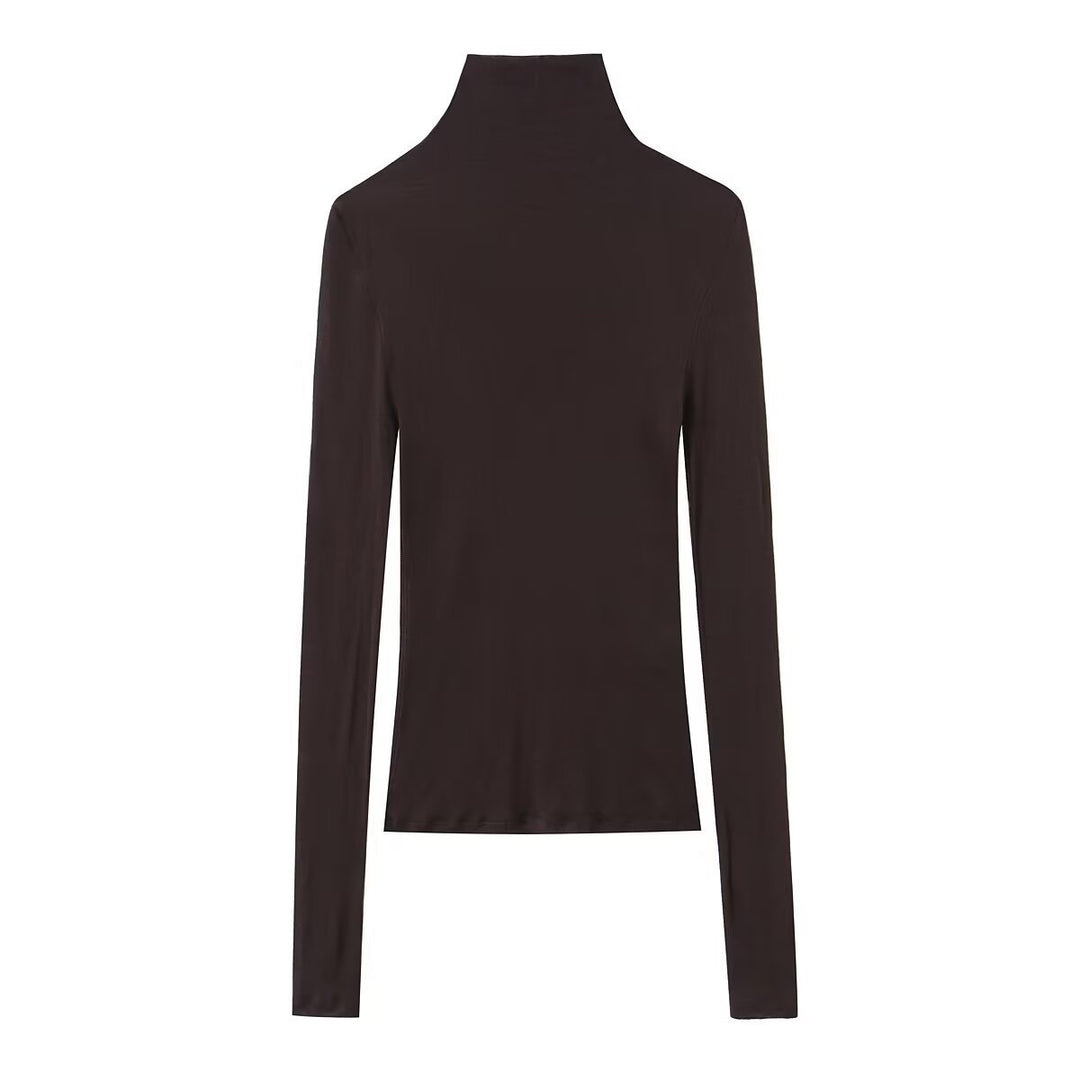 Women Slim Fit Long Sleeve Top with High Roll Neck and Stretch Jersey Mune Fashion