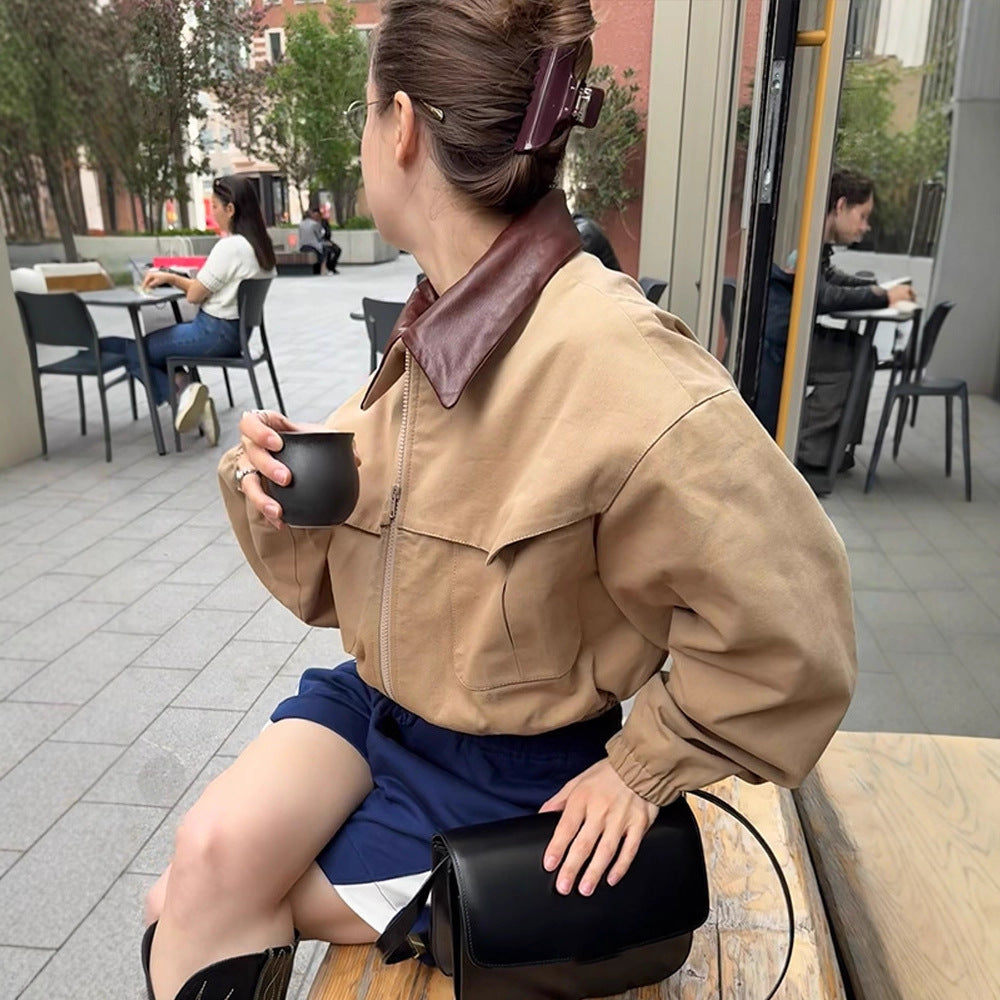 Women's Cropped Bomber Jacket with Contrasted Leather Collar, Zipper and Elastic Hem Mune Fashion