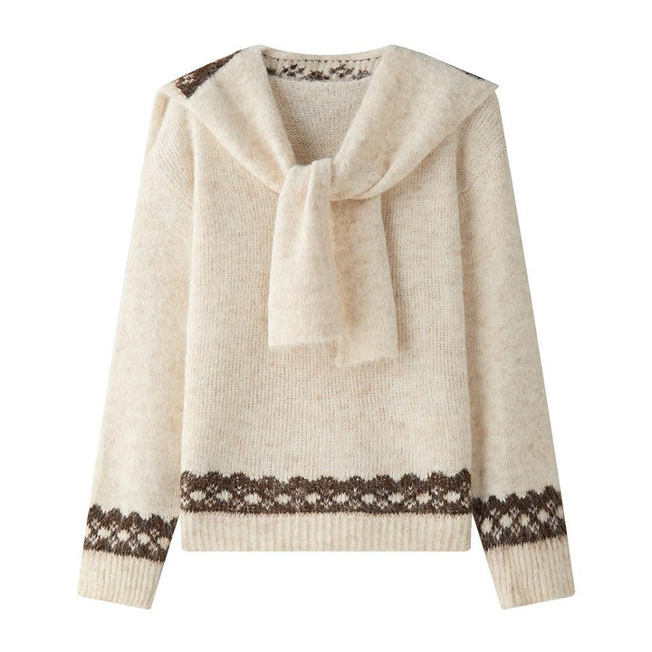 Women's Cozy Fine Knit Pullover with Integrated Shoulder Scarf and Jacquard Hem Mune Fashion