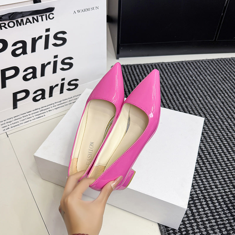 Women's patent pumps with pointed toe shape, padded comfort insole, and short block heel Mune Fashion