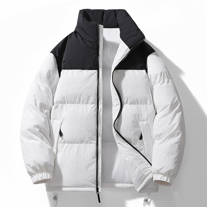 Men's Padded Quilted Jacket with High Collar, Drawstring Hem and Contrast Panel Mune Fashion