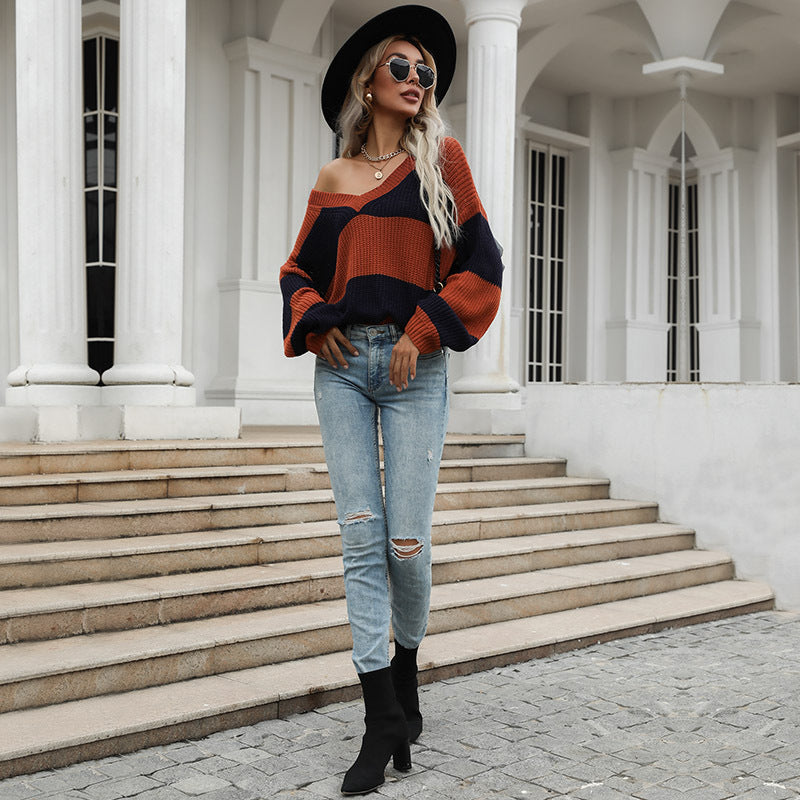 Women's Striped Oversize V-Neck Sweater in Chunky Knit Mune Fashion