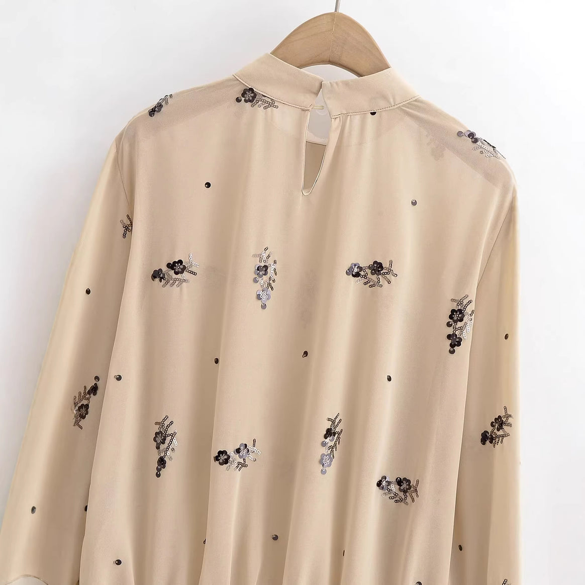 Women Chiffon blouse with floral sequin embroidery, stand-up collar and gathered waist yoke Mune Fashion