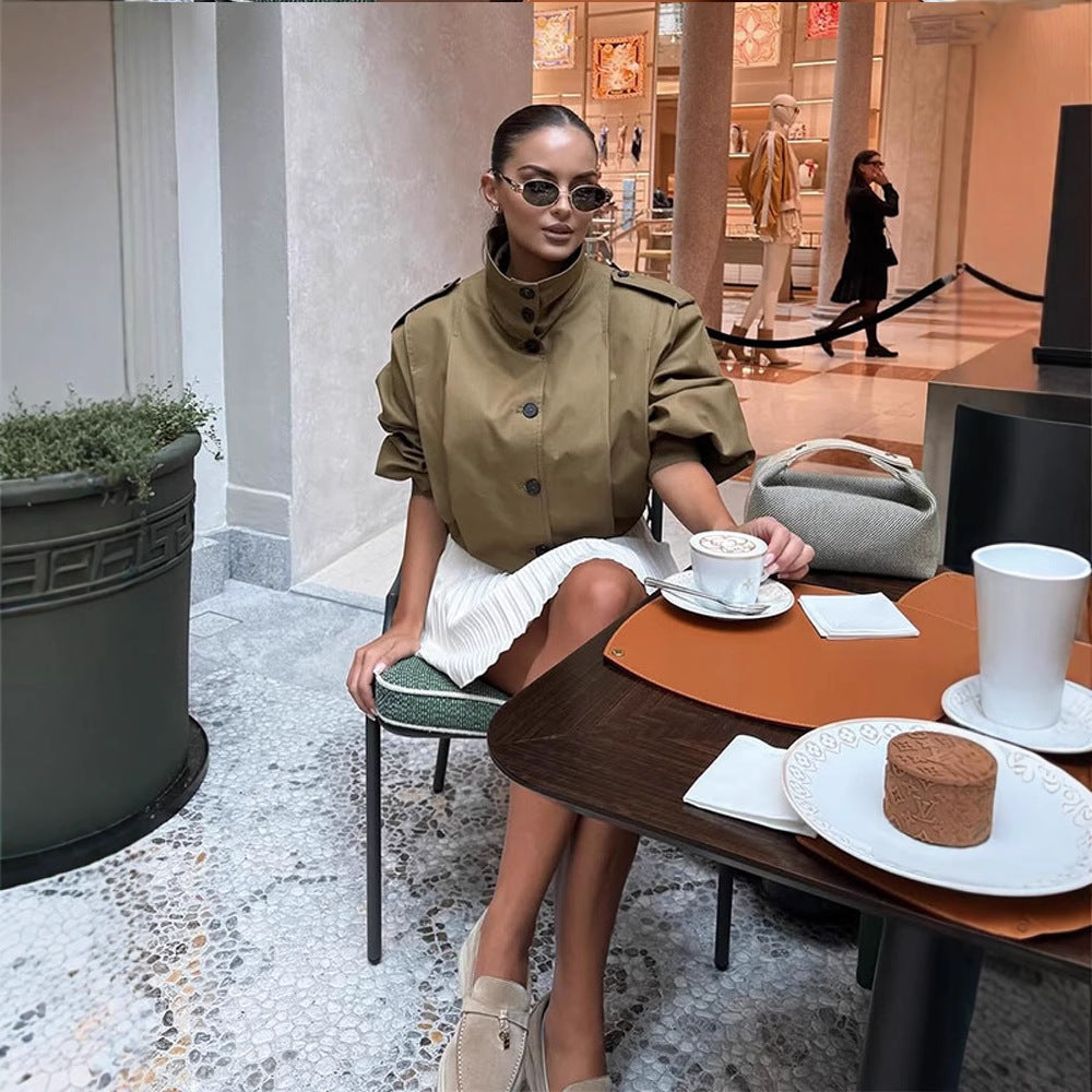 Women Cropped Trench Coat with boxy silhouette, epaulettes and pleat details Mune Fashion