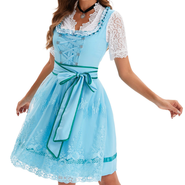 Women's short country style dirndl with embroidered tulle apron, gathered bodice and puff sleeves Mune Fashion