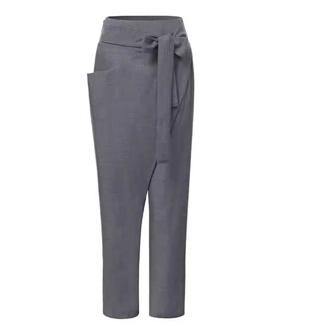 Women's wrap pants made of linen blend with high waistband, overlapping front and generous side pocket Mune Fashion