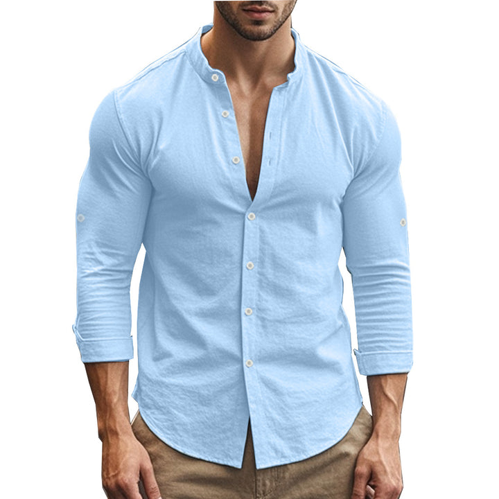 Men's casual linen shirt with standing collar, full button placket and roll-up sleeves Mune Fashion