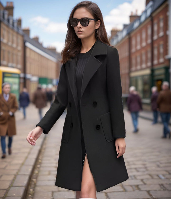 Women's Mid-Length Wool Blend Coat with Wide Lapels and Tailored Fit Mune Fashion